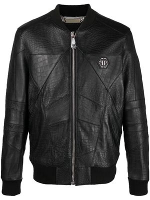 Philipp Plein logo-plaque leather bomber jacket - Black