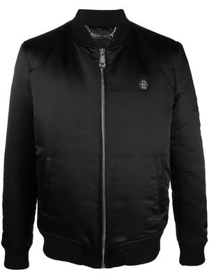 Philipp Plein logo-plaque zip-up satin bomber jacket - Black