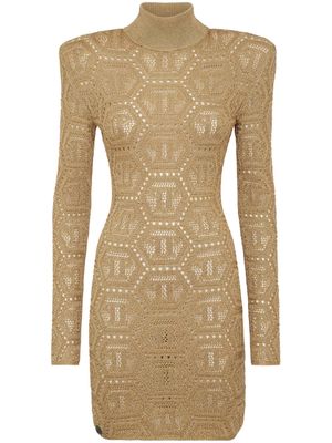 Philipp Plein monogram-pattern crochet-knit minidress - Gold