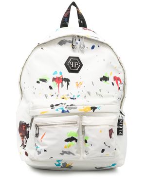 Philipp Plein paint-splatter print logo backpack - White