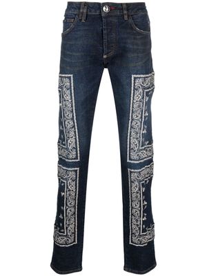 Philipp Plein paisley-embroidered straight-leg jeans - Blue