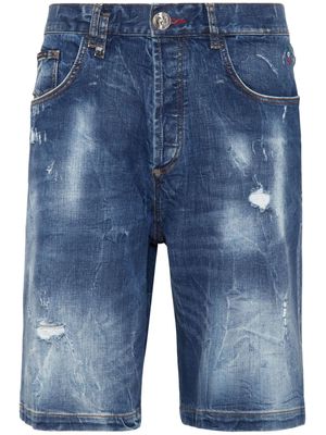 Philipp Plein patch-detail cotton denim shorts - Blue