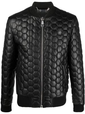 Philipp Plein quilted zip-up leather bomber jacket - Black