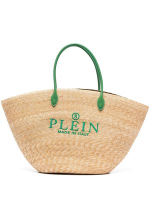 Philipp Plein raffia embroidered-logo tote bag - Green