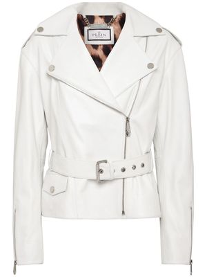 Philipp Plein raised logo-detail leather biker jacket - White