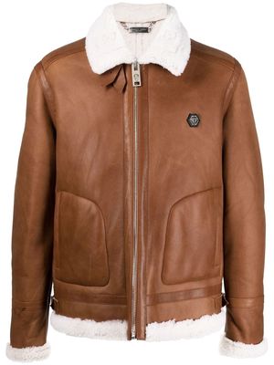 Philipp Plein Shearling-lined leather jacket - Brown