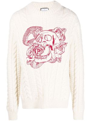 Philipp Plein skull-embroidered cable-knit sweatshirt - White