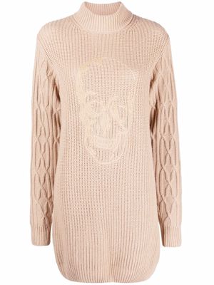 Philipp Plein skull-embroidered cashmere-knit dress - Neutrals