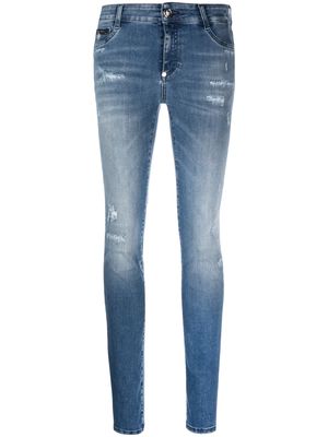 Philipp Plein skull-embroidered ripped skinny jeans - Blue