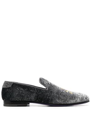 Philipp Plein skull-embroidered velvet loafers - Grey