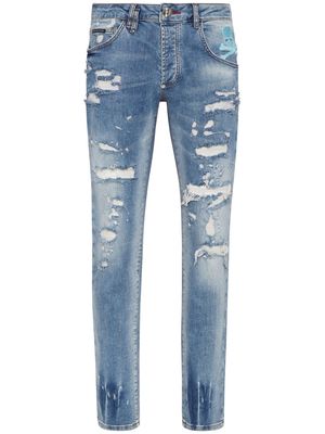 Philipp Plein Skull-print distressed straight-leg jeans - Blue