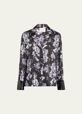 Phoebe Coastal Floral Collared Sequin-Cuff Top