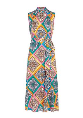 Phoebe Mosaic Silk Tie-Waist Midi-Dress