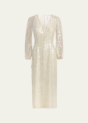 Phyllis Sequin V-Neck Blouson-Sleeve Midi Dress