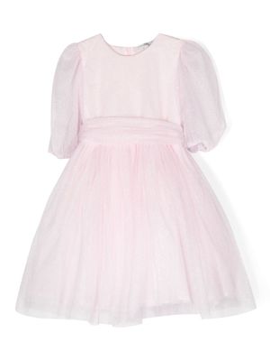 Piccola Ludo glitter-detail puff-sleeve flared dress - Pink
