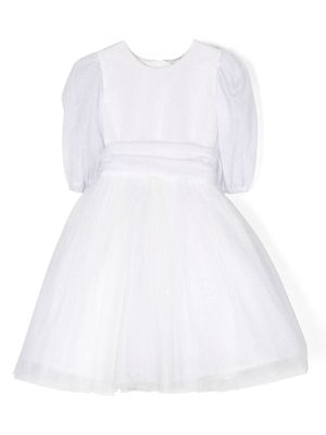 Piccola Ludo glitter-detail puff-sleeve flared dress - White