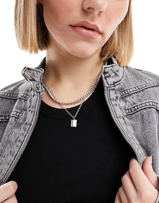 Pieces 2 row necklace with square charm in silver