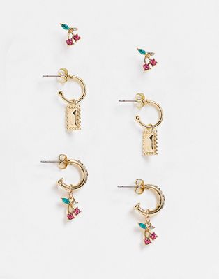 Pieces 3-pack cherry huggy and stud earrings in gold