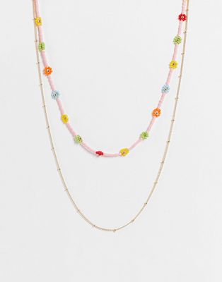 Pieces beaded layered necklaces in multi-Gold