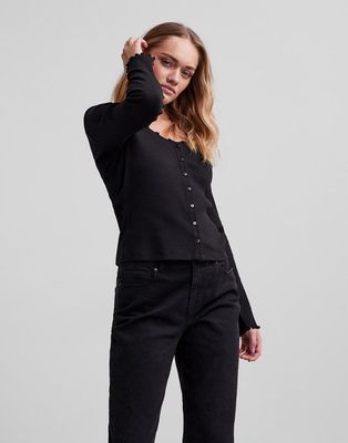 Pieces button front cardigan in black-White