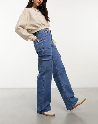 Pieces cargo style jeans in mid blue
