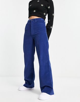 Pieces cord high waisted wide leg pants in royal blue