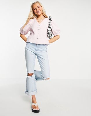 Pieces cotton denim top with puff sleeve in lilac - PURPLE