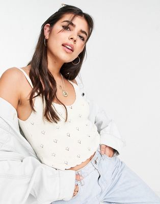 Pieces cotton patterned knit cami crop top in cream-White