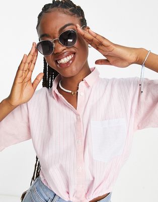 Pieces cropped tie waist shirt in pink stripe