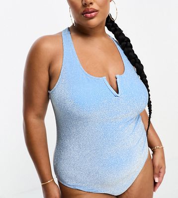 Pieces Curve Exclusive glitter cross back plunge swimsuit in blue