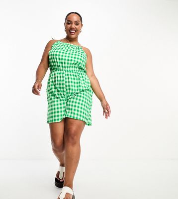 Pieces Curve exclusive tie sleeve romper in green gingham