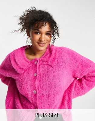 Pieces Curve fluffy collar detail cardigan in bright pink