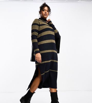 Pieces Curve high neck knit midi sweater dress in khaki & navy stripe-Multi