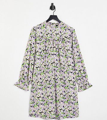 Pieces Curve high neck smock dress with frill cuffs in purple floral-Multi