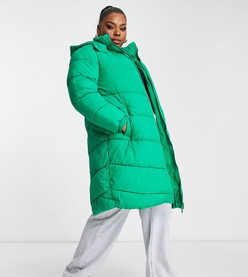Pieces Curve longline padded coat with hood in bright green
