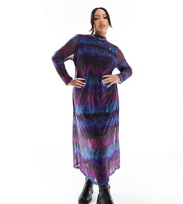 Pieces Curve mesh high neck midi dress in multi tie dye print