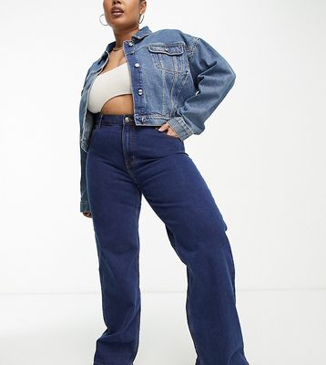 Pieces Curve Peggy high waisted wide leg jeans in dark blue