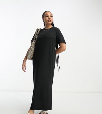 Pieces Curve ribbed maxi t-shirt dress in black