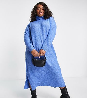 Pieces Curve roll neck knitted midi dress in bright blue
