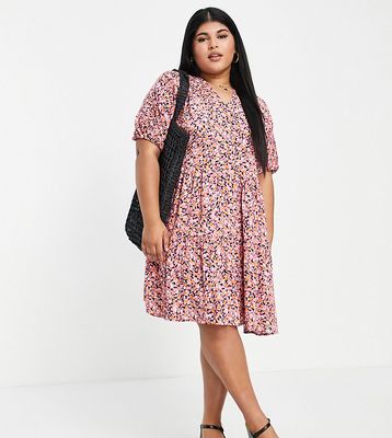 Pieces Curve tiered v neck smock mini dress in mixed ditsy floral-Multi