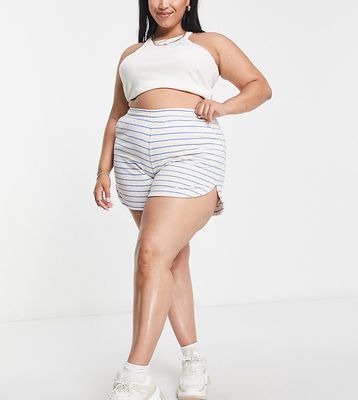 Pieces Curve towelling shorts in cream & blue stripe-Yellow