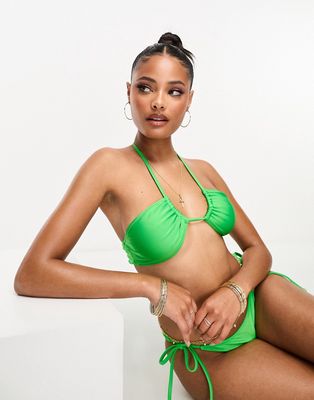 Pieces exclusive cross front halter neck bikini top in bright green