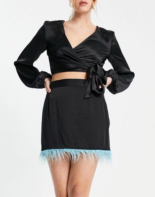 Pieces exclusive faux feather trim satin mini skirt in black - part of a set
