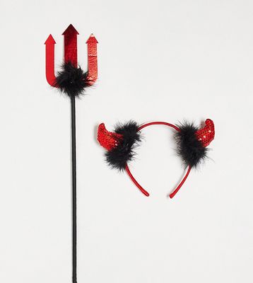 Pieces Exclusive Halloween 2-pack sequin devil headband and pitch fork in red