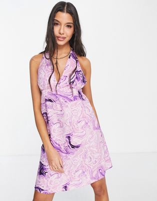 Pieces exclusive halterneck mini dress in bright purple swirl
