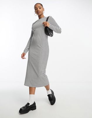 Pieces Exclusive midi T-shirt dress in black & white stripe-Multi