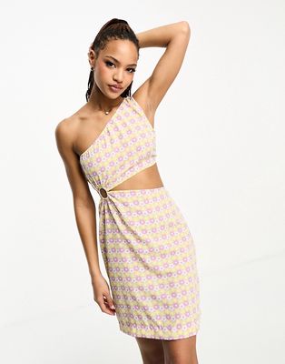 Pieces Exclusive one-shoulder cut-out mini dress in lilac & yellow retro floral-Multi