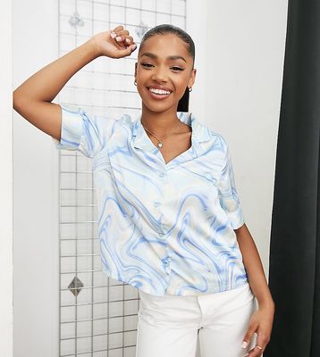 Pieces exclusive satin boxy shirt in blue marble print - part of a set
