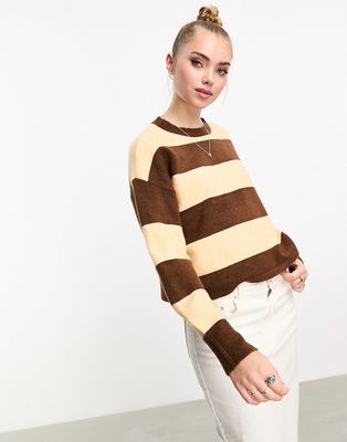 Pieces exclusive scoop neck sweater in brown & cream stripe-Multi