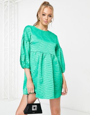 Pieces exclusive textured puff sleeve mini tie back dress in green